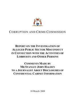 Report of the Investigation of Alleged Public Sector Misconduct in Connection with the Activities of Lobbyists