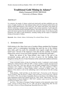 Traditional Gold Mining in Adanse* Ababio Emmanuel OFOSU-MENSAH University of Ghana, Ghana