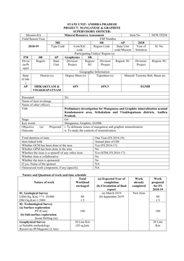 STATE UNIT: ANDHRA PRADESH PROJECT: MANGANESE & GRAPHITE SUPERVISORY OFFICER: Mission-IIA Mineral Resource Assessment Item No