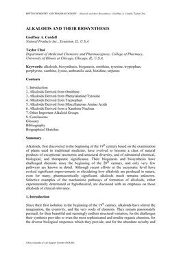 Alkaloids and Their Biosynthesis - Geoffrey A