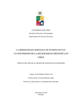 La Hermandad Cristiana De Puerto Octay: Un Testimonio De La Religiosidad Menonita En Chile