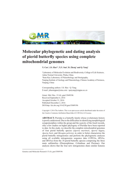 Molecular Phylogenetic and Dating Analysis of Pierid Butterfly Species Using Complete Mitochondrial Genomes