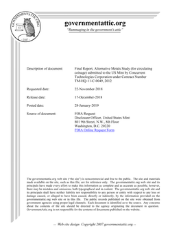 Final Report, Alternative Metals Study (For Circulating Coinage) Submitted