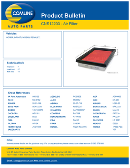 Product Bulletin CNS12203 - Air Filter