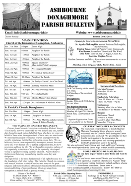 Ashbourne Donaghmore Parish BULLETIN Email: Info@Ashbourneparish.Ie Website: Easter Sunday Printed 30-03-2018