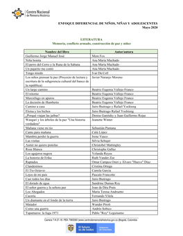 ENFOQUE DIFERENCIAL DE NIÑOS, NIÑAS Y ADOLESCENTES Mayo 2020 LITERATURA Memoria, Conflicto Armado, Construcción De Paz Y