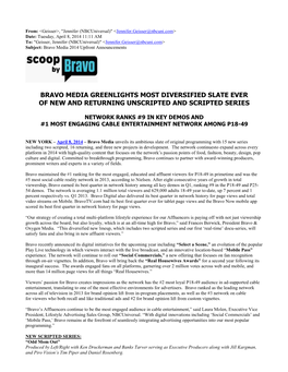 Bravo Media Greenlights Most Diversified Slate Ever of New and Returning Unscripted and Scripted Series