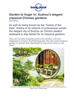 Garden to Linger In: Suzhou's Elegant Classical Chinese Gardens Tess Humphrys Lonely Planet Writer