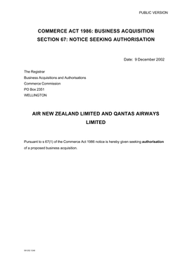 Business Acquisition Section 67: Notice Seeking Authorisation