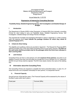 Expression of Interest for Consulting Services for Feasibility Study, Detailed Engineering Survey, Soil Investigation and Detailed Design of Bridges