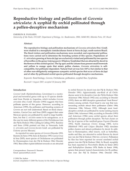 Reproductive Biology and Pollination of Govenia Utriculata: a Syrphid Fly