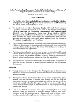 India-Pakistan Legislators and Public Officials Dialogue on Sharing of Experiences on Governance and Democracy March 12, 2016; Jaipur, India Joint Statement