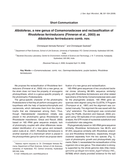 Albidoferax, a New Genus of Comamonadaceae and Reclassiﬁ Cation of Rhodoferax Ferrireducens (Finneran Et Al., 2003) As Albidoferax Ferrireducens Comb