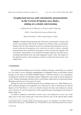 Geophysical Surveys and Velocimetric Measurements in the Cerreto Di Spoleto Area (Italy), Aiming at a Seismic Microzoning