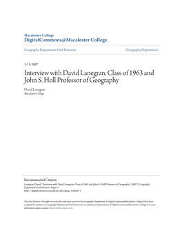 Interview with David Lanegran, Class of 1963 and John S. Holl Professor of Geography David Lanegran Macalester College