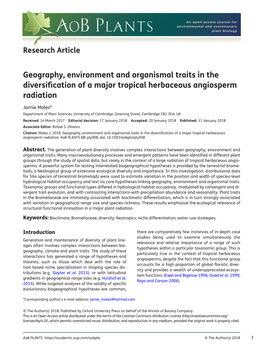 Geography, Environment and Organismal Traits in the Diversification of a Major Tropical Herbaceous Angiosperm Radiation