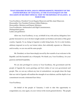 Toast Remarks by Hon. Jakaya Mrisho Kikwete, President of the United Republic of Tanzania, at the State Banquet on the Occasion