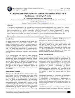 A Checklist of Freshwater Fishes of the Lower Manair Reservoir in Karimnagar District, AP, India