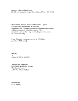 Poems by Adam Lindsay Gordon [British-Born Australian Steeple-Chase Rider and Poet -- 1833-1870.]