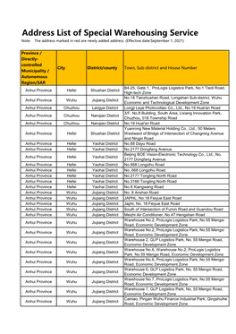 Address List of Special Warehousing Service Note： the Address Marked in Red Are Newly Added Address