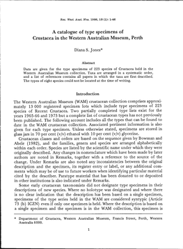 A Catalogue of Type Specimens of Crustacea in the Western Australian Museum, Perth