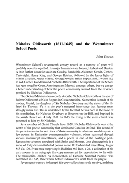 Nicholas Oldisworth (1611-1645) and the Westminster School Poets