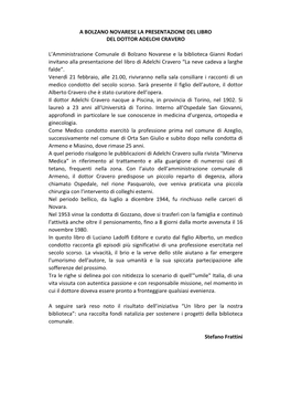 A BOLZANO NOVARESE LA PRESENTAZIONE DEL LIBRO DEL DOTTOR ADELCHI CRAVERO L'amministrazione Comunale Di Bolzano