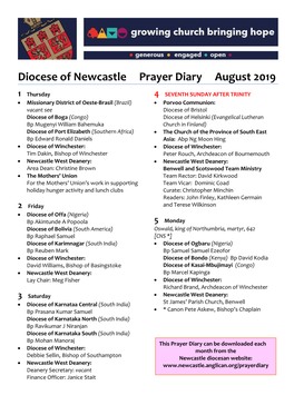 Diocese of Newcastle Prayer Diary August 2019