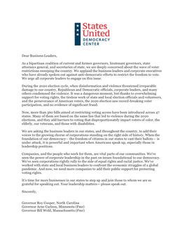 Dear Business Leaders, As a Bipartisan Coalition of Current and Former Governors, Lieutenant Governors, State Attorneys General