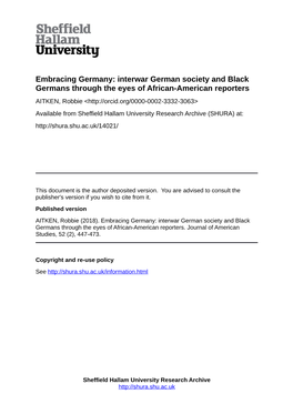 Embracing Germany: Interwar German Society and Black Germans