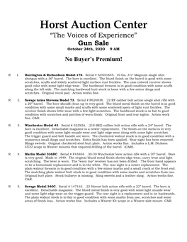 Horst Auction Center “The Voices of Experience” Gun Sale October 24Th, 2020 9 AM