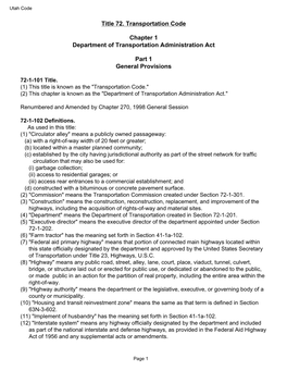 Title 72. Transportation Code Chapter 1 Department of Transportation