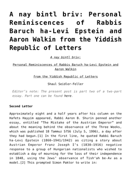 Personal Reminiscences of Rabbis Baruch Ha-Levi Epstein and Aaron Walkin from the Yiddish Republic of Letters