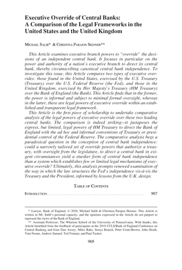 Executive Override of Central Banks: a Comparison of the Legal Frameworks in the United States and the United Kingdom