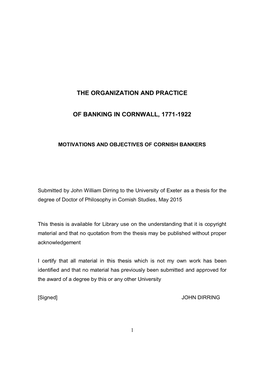 The Organization and Practice of Banking in Cornwall, 1771-1922