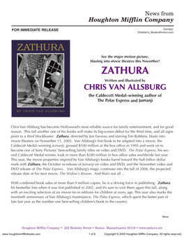 Press Release for Zathura Published by Houghton Mifflin Company