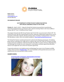 For Immediate Release Lea Thompson to Attend The