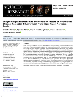 Length-Weight Relationships and Condition Factors of Mochokidae (Pisces: Teleostei: Siluriformes) from Niger River, Northern Benin