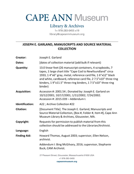 Joseph E. Garland, Manuscripts and Source Material Collection