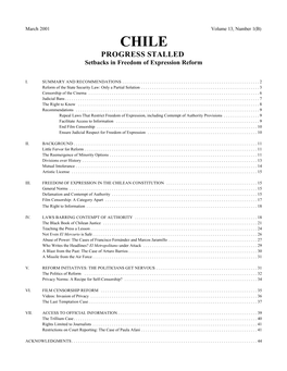 March 2001 Volume 13, Number 1(B) CHILE PROGRESS STALLED Setbacks in Freedom of Expression Reform