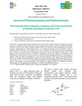 Phytochemical Investigation, Isolation and Characterization of Betulin from Bark of Betula Utilis