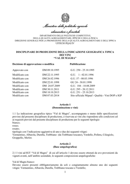 Disciplinare Di Produzione Della Indicazione Geografica Tipica Dei Vini “Val Di Magra”