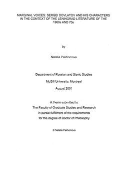 SERGEI DOVLATOV and HIS CHARACTERS in the CONTEXT of the LENINGRAD L1TERATURE of the 1960S and 70S