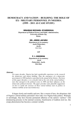 Democracy and Nation – Building: the Role of Ex - Military Personnel in Nigeria (1999 – 2011 As Case Study)