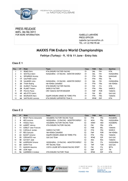 MAXXIS FIM Enduro World Championships Fethiye (Turkey) – 9, 10 & 11 June – Entry Lists