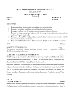 ORGANIC CHEMISTRY – I (Core) Semester-I OBJECTIVES 1 to Gain