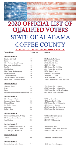 STATE of ALABAMA COFFEE COUNTY VOTING PLACES with PRECINCTS Voting House Precinct No