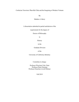 Confucian Terrorism: Phan Bội Châu and the Imagining of Modern Vietnam