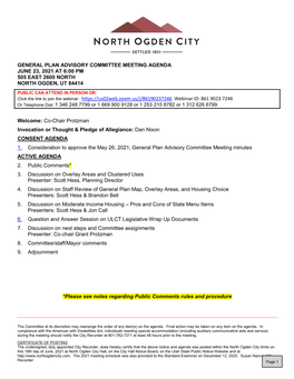 General Plan Advisory Committee Meeting Agenda June 23, 2021 at 6:00 Pm 505 East 2600 North North Ogden, Ut 84414