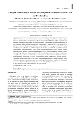 A Single Center Survey of Patients with Congenital Neutropenia: Report from Northwestern Iran